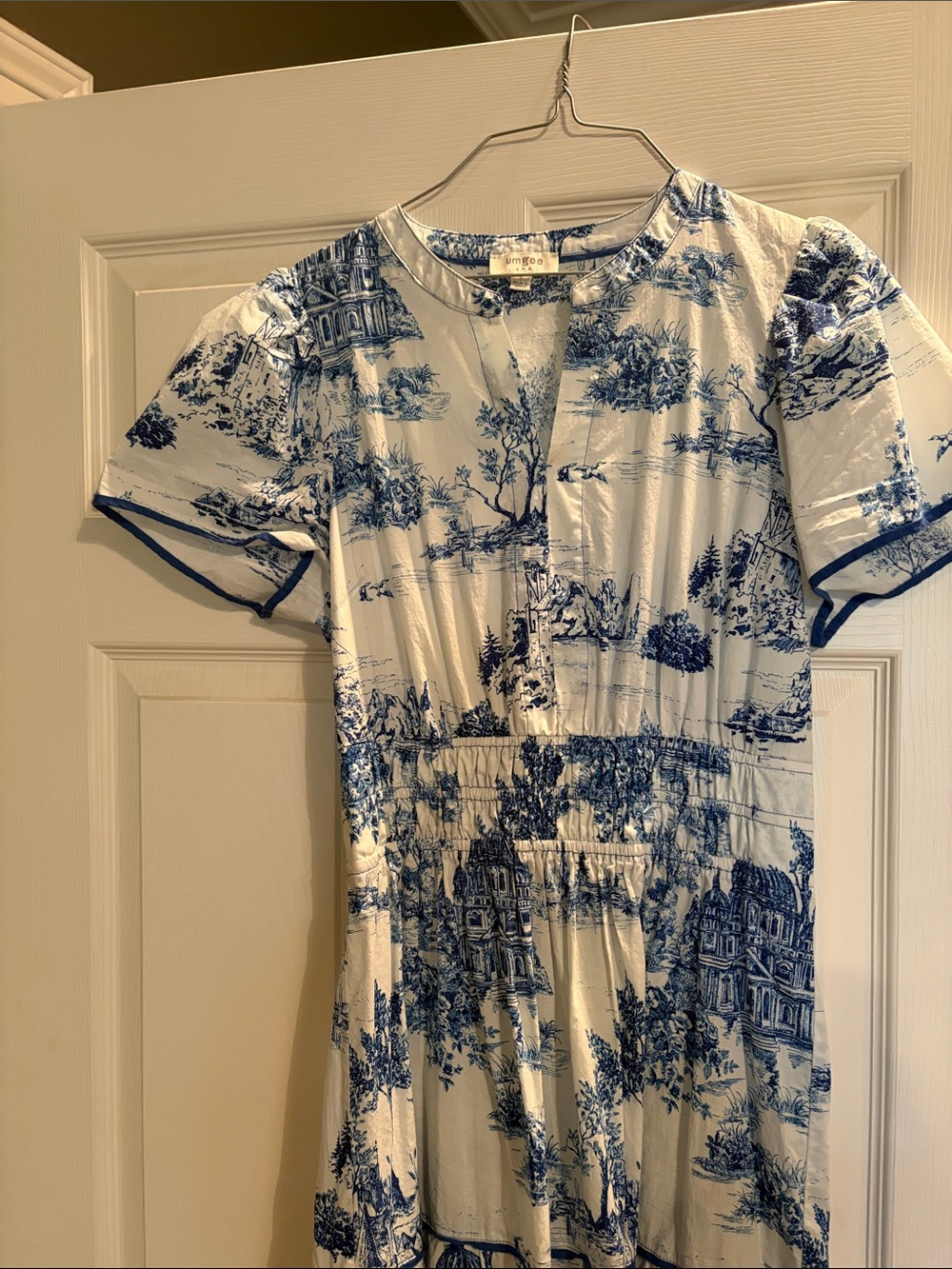 Blue & White Toile Print Short Sleeve Dress
